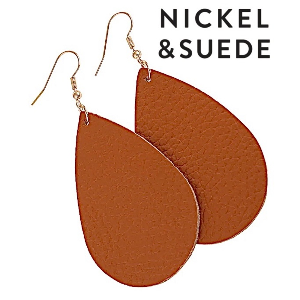 Nickel & Suede Brown Teardrop Leather Earrings